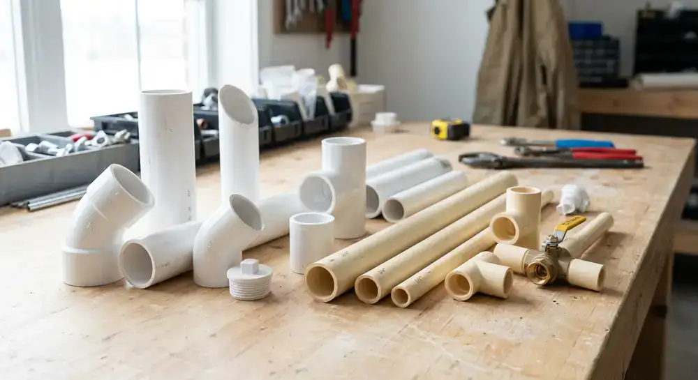 Assortment of PVC and CPVC pipes for plumbing